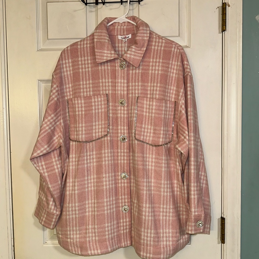 Pink And White Plaid With Rhinestones And Crystal Buttons Shacket/Jacket